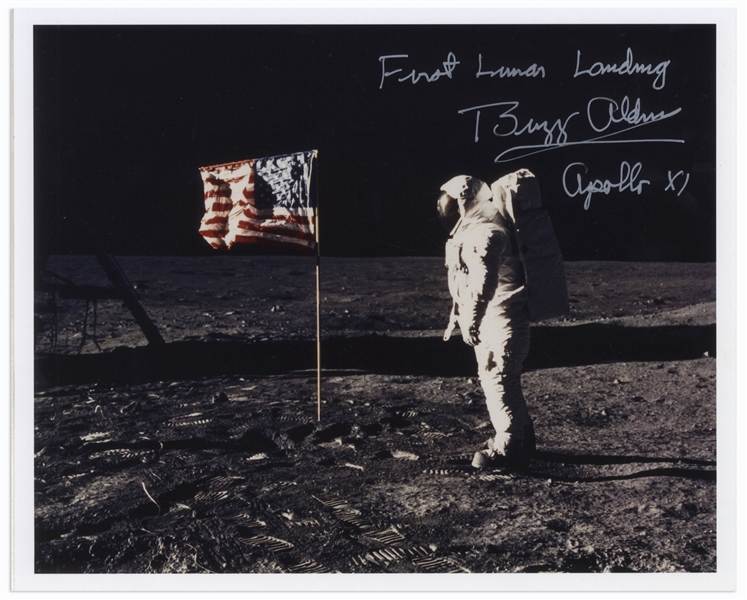 Buzz Aldrin Signed 10'' x 8'' ''First Lunar Landing'' Photo -- Aldrin Stands in Front of the U.S. Flag on the Moon